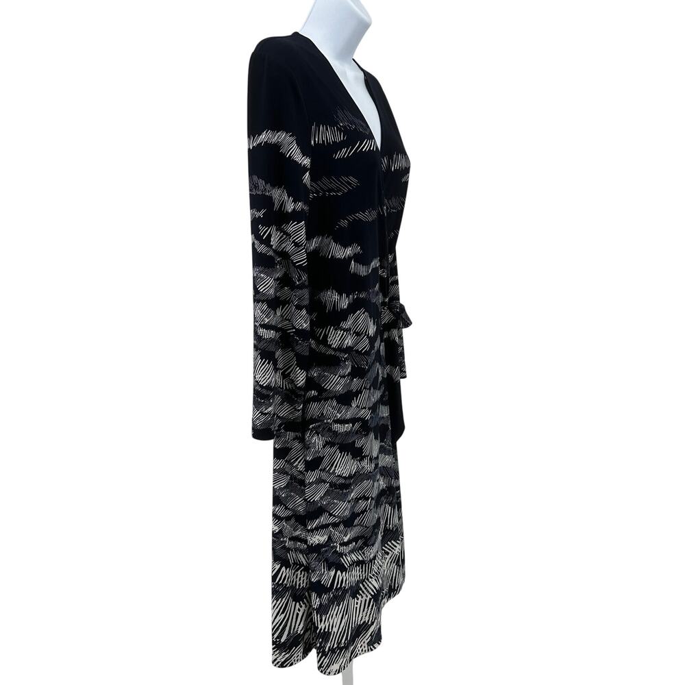 BCBGMAXAZRIA Adele Midnight Wrap Dress SZ L Navy Blue White Printed Long Sleeve - Picture 2 of 10